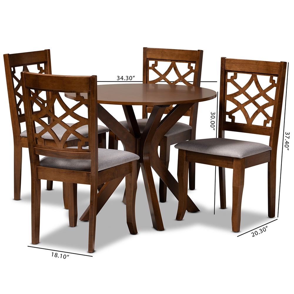 Baxton Studio Elena Modern And Contemporary Grey Fabric Upholstered And Walnut Brown Finished Wood 5-Piece Dining Set