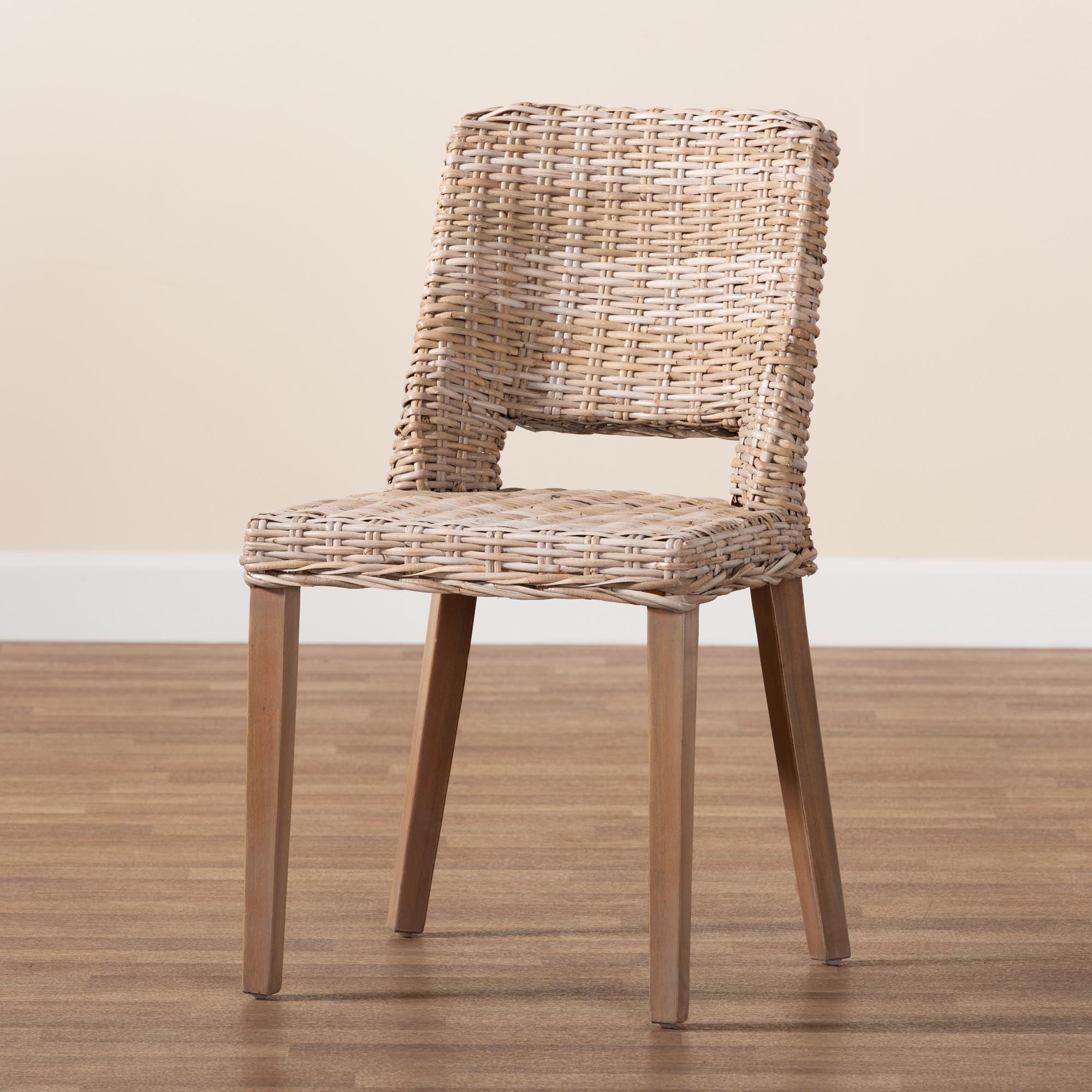 Baxton Studio Magy Modern Bohemian Grey Rattan And Natural Brown Finished Wood Dining Chair