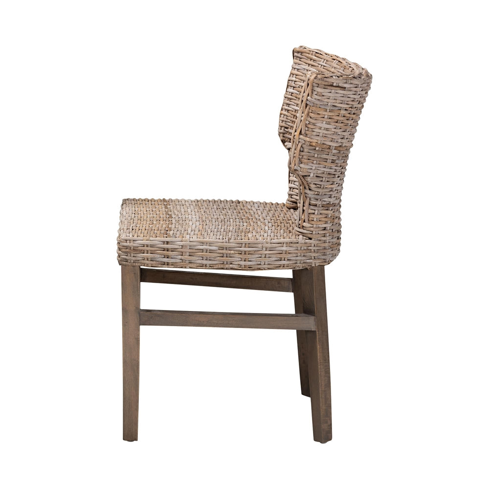 Baxton Studio Enver Modern Bohemian Grey Rattan And Brown Wood Dining Chair